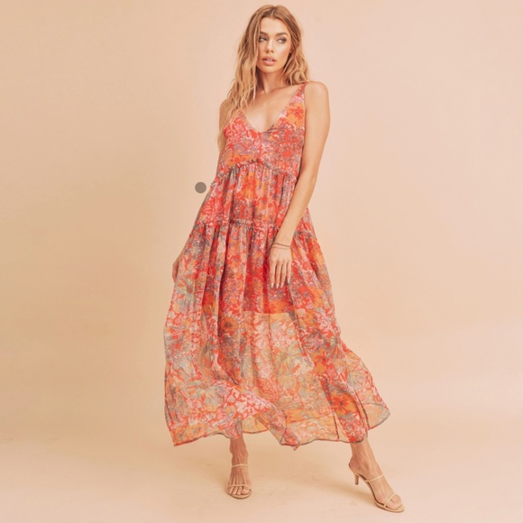 ❤️ AEMI AND CO “ Crimson” AEMI & CO. Floral Tiered Maxi Dress with Pockets BR52 - Picture 9 of 9
